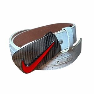 White Nike Golf Grip Tech Leather Belt Sz 37-43 Metal Enamel Grid RED Buckle
